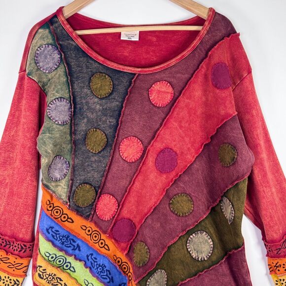 Greater Good Patchwork Boho Top XXL Red Colorful Rainbow Artsy Hippie Raw Edge - Picture 3 of 14